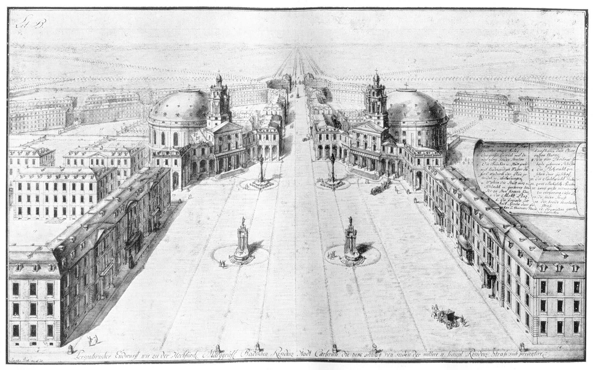 Mauritio Pedetti (1719–1799), central bird’s eye perspective of the design for the Marktplatz in Karlsruhe (1787). Source: S. Giedion, _Spätbarocker und romantischer Klassizismus_ (Munich: F. Bruckmann, 1922).