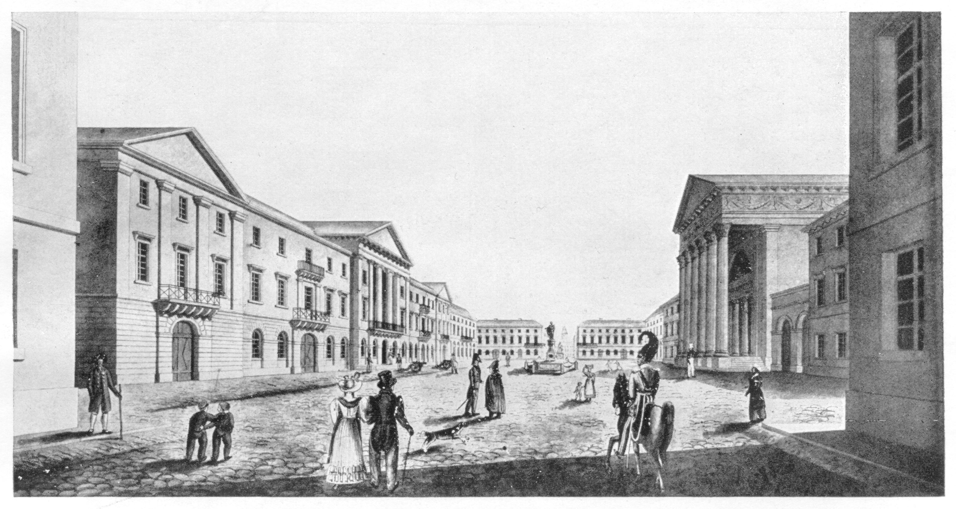 Friedrich Weinbrenner (1766–1826), oblique view of the Marktplatz in Karlsruhe (around 1825). Source: S. Giedion, _Spätbarocker und romantischer Klassizismus_ (Munich: F. Bruckmann, 1922).